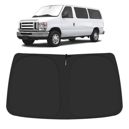 Windshield Sun Shade for 1992-2025 Fo-rd E-Series Van & Motorhome E-150 E-250 E-350 E-450 Accessories, Foldable Window Sunshade Sun Visor Protector, Front Windshield Sunshade Blocks UV Rays - size: Silver & Black-Fit Ford E-150 E-250 E-350 E-450
