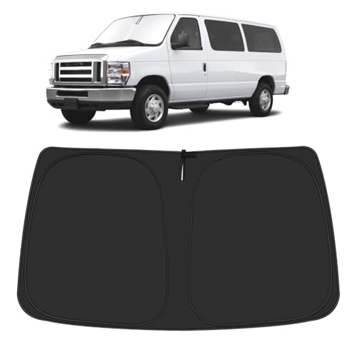 Windshield Sun Shade for 1992-2025 Fo-rd E-Series Van & Motorhome E-150 E-250 E-350 E-450 Accessories, Foldable Window Sunshade Sun Visor Protector, Front Windshield Sunshade Blocks UV Rays - size: Silver & Black-Fit Ford E-150 E-250 E-350 E-450