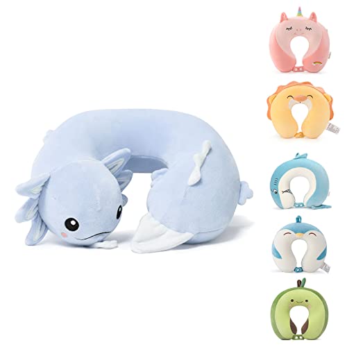 Niuniu Daddy Axolotl Neck Pillow for Traveling, Memory Foam Cervical Travel Neck Support Pillows Portable for Airplane Car Sleep, Long Trip Age 8+ Children with Boys Girls Including Adults - color: Blue Axolotl, size: 9-12 Y/O