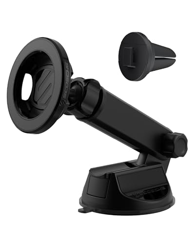Scosche MagSafe Car Mount, Suction Cup Magnetic Windshield/Dashboard Cell Phone Holder with Vent Clip & Adjustable Flip Arm Compatible with PopSockets Grips, iPhone 16/15/14/13/12, Samsung Galaxy - size: 1 Pack, style: Vent / Window / Dash Extendo Suction