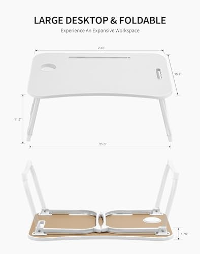 ZEAPTAC Laptop Bed Desk, Foldable Lap Desk, Portable Lap Table, Laptop Stand with Cup Holder & Tablet Slot & Lifting Handle for Working Writing Drawing & Eating - White - color: White