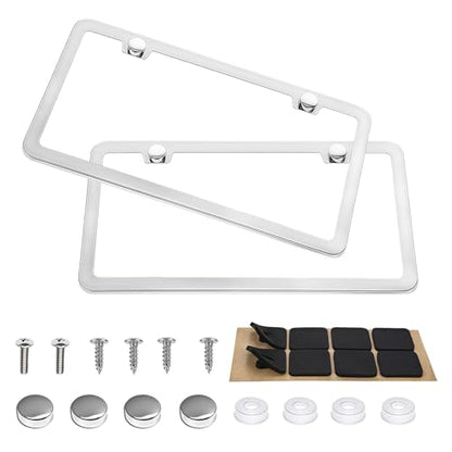 2 Pack Silver License Plate Frame, Metal License Plate Frame with 2-Hole, Universal Solid Stainless Steel Holder, Includes Screws for Men & Women - color: Silver
