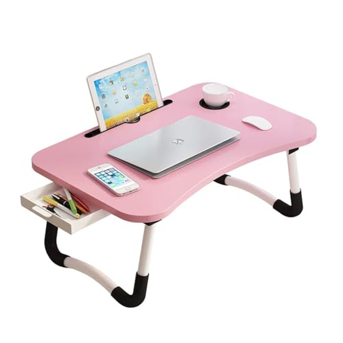 Lap Desk with Storage Drawer, Holders for Cup and Tablet, Tray Table with Foldable Legs, Laptop Bed Stand, Portable Standing Table for Sofa Couch Floor (23.6", Pink) - color: Pink