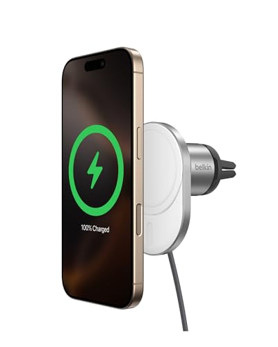 Belkin MagSafe-Compatible Wireless Car Charger 15W, Fast Charging Wireless Charger - Powerful Magnetic Vent Holder for iPhone 17, 16, 15, 14, 13 Series, Pixel 10, Secure Car Phone Mount - White - style: Charging Mount