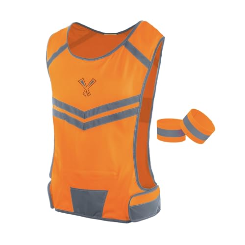 Reflective Running Vest with Pocket & 2 Bands with High visibility for Night Running, Walking & Cycling - color: Orange, size: Medium