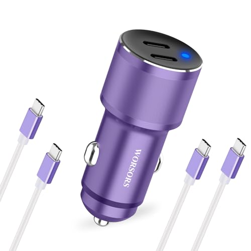 Purple Dual 45W USB C Car Charger, 90W Max Super Fast Charging, All Metal 12V Cigarette Lighter Adapter for iPhone 17 Pro Max/16/15/iPad, Samsung Galaxy S26/S25, Google Phone with 2 Type C Cable 3.3ft - color: Purple