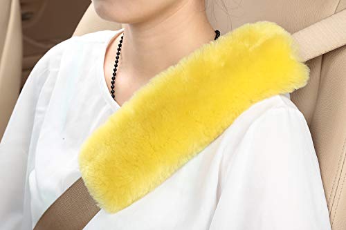 U&M 2 Pack Genuine Sheepskin Auto Seat Belt Cover for Adult Youth Kid Toddlers -Soft Warm Car, Truck, SUV, Camera Backpack Strap Shoulder Pad Wool Fluffy - color: Yellow
