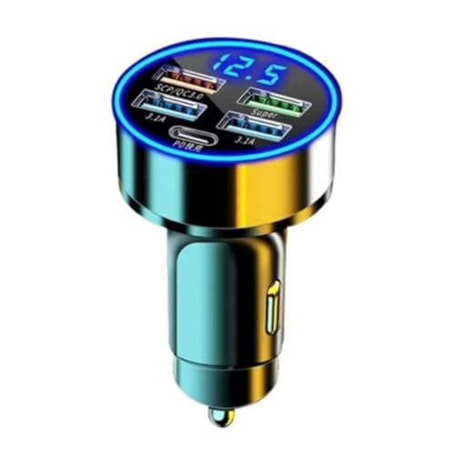 120W 5-Port Car Charger with PD Fast Charging & LED Voltage Display – USB C Cigarette Lighter Adapter (4 USB + 1 PD) for iPhone, Android & Multiple Devices - size: 5 Port