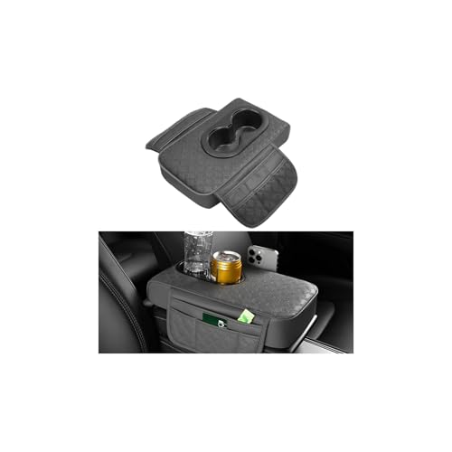 BESULEN Car Center Console Cover, Leather Thick Vehicle Armrest Protector Cushion with Cup Holder & 2 Storage Bags, Automotive Interior Arm Rest Seat Box Pad Accessories, Universal Fit (Gray) - color: Gray