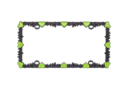 Creathome 3D Shining Daisy Heart License Plate Frame from Pure Zinc Alloy Metal Perfect Plate Holder, Matt Black with Green Glitter, Luminously Heart - color: Matt Black with Green Glitter, Luminously Heart