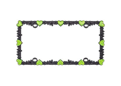 Creathome 3D Shining Daisy Heart License Plate Frame from Pure Zinc Alloy Metal Perfect Plate Holder, Matt Black with Green Glitter, Luminously Heart - color: Matt Black with Green Glitter, Luminously Heart