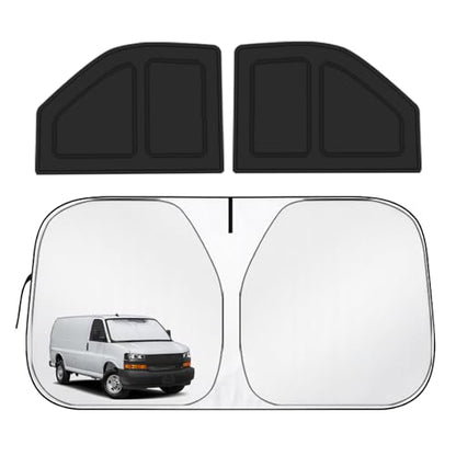 for Chevy Express 1996-2026 Front Windshield & Side Window Covers, Foldable 3-Piece Window Shades Set, Custom Fit Sunshade Visor for UV Rays & Heat Block, Cargo Van Accessories - size: Fit for Chevy Express 1996-2026