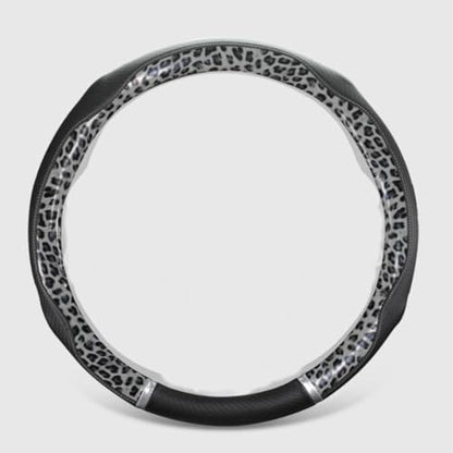 Peach Wood Grain Steering Wheel Cover Anti-Slip Breathable Durable Leather Four Seasons Universal 15 Inch Car Wrap Cover (Leopard-Gray) - color: Leopard-Gray