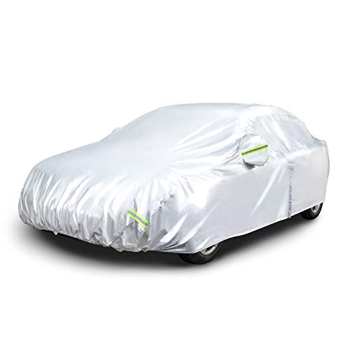 Amazon Basics Silver Weatherproof Car Cover, 150D Oxford, UV Protection, Snow Protection, Dustproof, Sedans up to 180", with Door Zipper and Reflective Straps - size: Sedans up to 180"