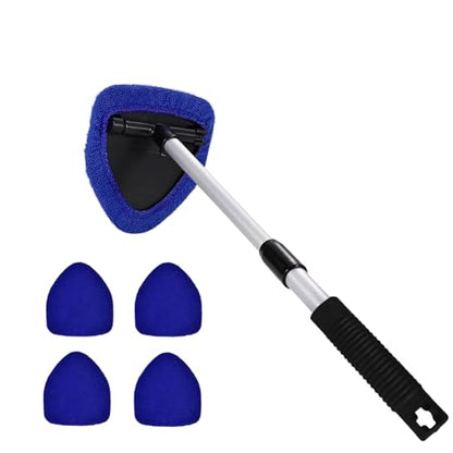 Windshield Cleaning Tool, Car Window Cleaner, Windshield Cleaner with 4 Washable Reusable Microfiber Pads and Extendable Handle, Auto Glass Wiper Cleaning Kit Universal for Car (Blue) - color: Blue