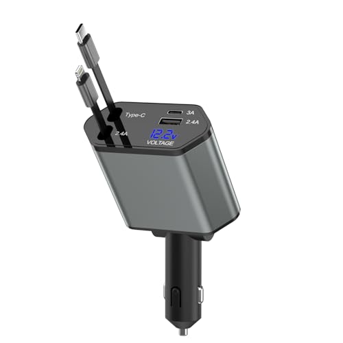 Retractable Car Charger,66W 4 in 1 iPhone 16 15 Car Charger Adapter with 2 Retractable iPhone ChargerCables(USB C & Lightning),2 USB Ports(USB C & USB A) for iPhone 16 15 14 13 12 11,iPad Pro Air Mini - color: Black, size: USB A & USB C