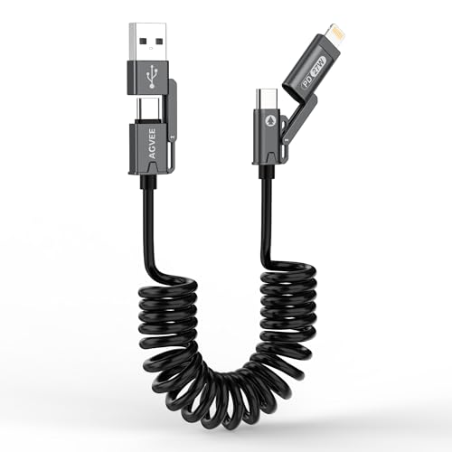 AGVEE 5ft 4-in-1 Coiled Multi USB C Charging Cable, Secure-Slide No-Loss Adapters, Slim Tips Fit Thick Cases, Lightning End Reinforced, PD 60W for iPhone Carplay, Samsung, iPad, Black - color: Black, size: 5ft, style: 4 in 1