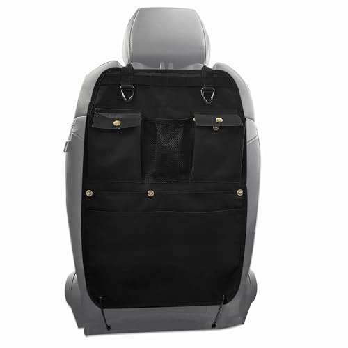 Black Car Seat Back Organizer with Multiple Pockets and Hooks - color: black