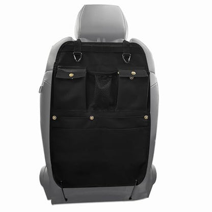 Black Car Seat Back Organizer with Multiple Pockets and Hooks - color: black
