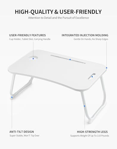 ZEAPTAC Laptop Bed Desk, Foldable Lap Desk, Portable Lap Table, Laptop Stand with Cup Holder & Tablet Slot & Lifting Handle for Working Writing Drawing & Eating - White - color: White