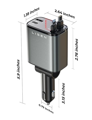 LISEN Retractable Car Charger, [2026 Upgrade 50 inch ] Long 4 in 1 Retractable Cable Car Charger, USB C Car Charger Fast Charging for iPhone 17 16 15 14 13 12 11 X Pro Max Plus Mini, Samsung S26 S25 - color: Grey, size: 50 Inch