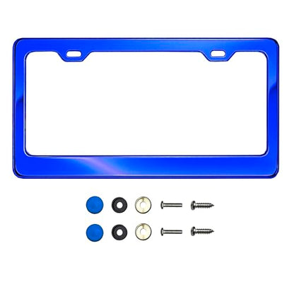 T304 Stainless Steel License Plate Frame – 8K Mirror Polish Finish, Rust-Resistant, Slim Design, Universal Fit, Includes Screw Caps, Washers & Stainless Steel Screws (Blue Chrome) - color: Blue Chrome
