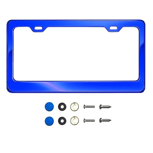 T304 Stainless Steel License Plate Frame – 8K Mirror Polish Finish, Rust-Resistant, Slim Design, Universal Fit, Includes Screw Caps, Washers & Stainless Steel Screws (Blue Chrome) - color: Blue Chrome