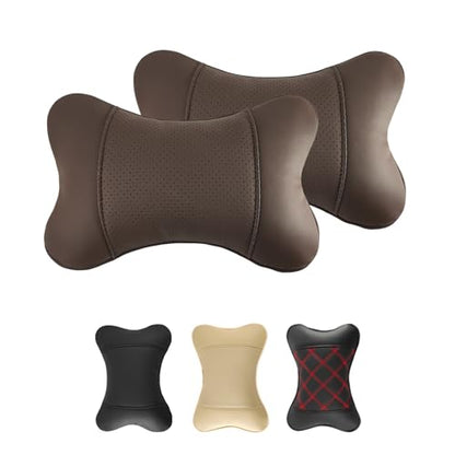 2 Pack Car Neck Pillow PU Leather Automotive Headrest Pillow for Car Support Neck Pain Relief Universal Car Pillow (Brown) - color: Brown