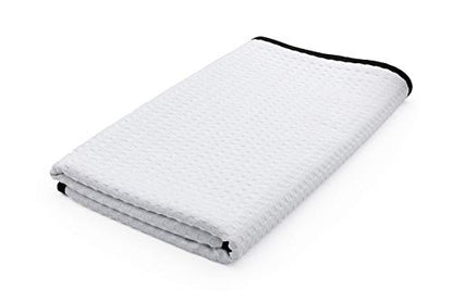 The Rag Company Dry Me A River, Professional Korean 70/30 Blend Microfiber Waffle-Weave Drying & Detailing Towels, Soft Suede Edges, 390 GSM, 26x59 Inches, White, 1-Pack - color: White, size: 26in x 59in