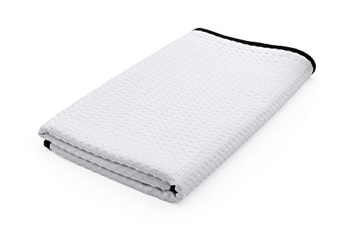 The Rag Company Dry Me A River, Professional Korean 70/30 Blend Microfiber Waffle-Weave Drying & Detailing Towels, Soft Suede Edges, 390 GSM, 26x59 Inches, White, 1-Pack - color: White, size: 26in x 59in
