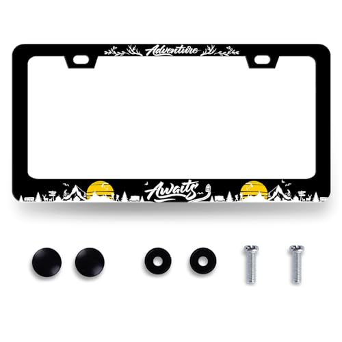 Adventure Awaits License Plate Frame Funny License Plate Holders Mountains Stainless Steel Car Bracket 2 Holes with Screws Universal Auto Accessory License Plate Frames 6.2x12.2 Inch - color: Adventure Awaits With Mountain
