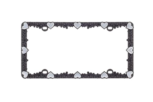 Creathome 3D Daisy Heart License Plate Frame from Pure Zinc Alloy Metal Perfect Plate Holder, Matt Black Daisy with Silver Reflective Heart - color: Matt Black with Silver Reflective Heart