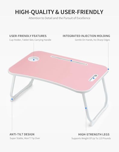 ZEAPTAC Laptop Bed Desk, Foldable Lap Desk, Portable Lap Table, Laptop Stand with Cup Holder & Tablet Slot & Lifting Handle for Working Writing Drawing & Eating - Rose Pink - color: Rose Pink