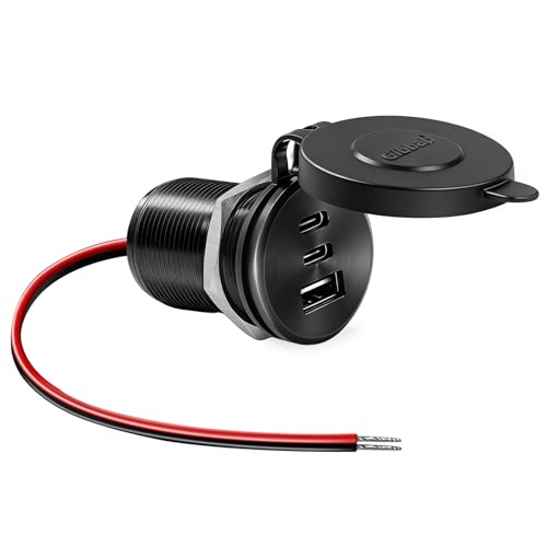All-Aluminum 12V/24V RV USB Outlet 90W 3 Charging Ports, GIBBAB 36W PD3.0 Type-C+2 18W QC3.0 Fast Charging Socket, Waterproof Cover Recessed Mount Car Charger Cigarette Lighter Replacement for Camper - color: Black-Cover, size: 1P