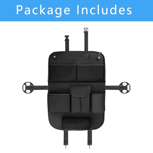 Backseat Car Organizer with Tray Foldable, Tissue Holder, Cup Holder, Leather Seat Back Car Storage Organizer for Family, Kids, Travel, Office Use, Universal Fit Sedans SUVs most Vehicles (Black-1PC)