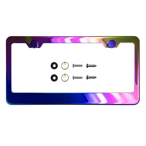 T304 Stainless Steel License Plate Frame – 8K Mirror Polish Finish, Rust-Resistant, Slim Design, Universal Fit, Includes Screw Caps, Washers & Stainless Steel Screws (Iridescent) - color: Iridescent