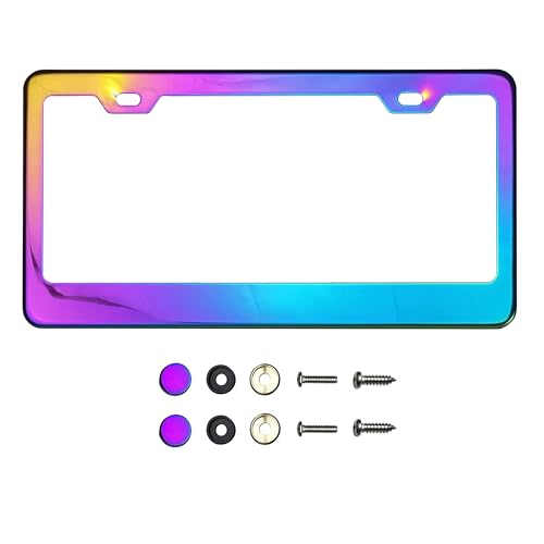 T304 Stainless Steel License Plate Frame – 8K Mirror Polish Finish, Rust-Resistant, Slim Design, Universal Fit, Includes Screw Caps, Washers & Stainless Steel Screws (Iridescent) - color: Iridescent