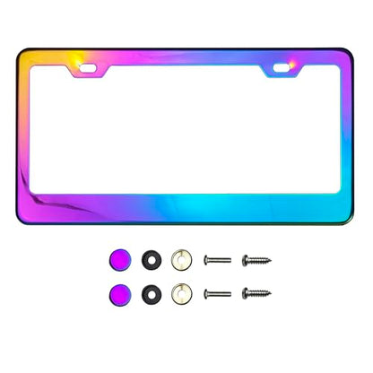 T304 Stainless Steel License Plate Frame – 8K Mirror Polish Finish, Rust-Resistant, Slim Design, Universal Fit, Includes Screw Caps, Washers & Stainless Steel Screws (Iridescent) - color: Iridescent