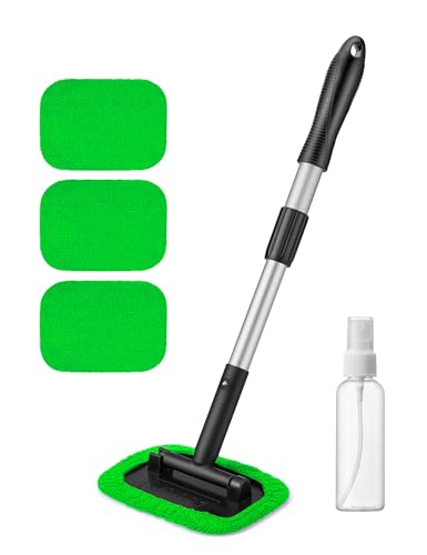 AstroAI Windshield Cleaner Tool, Microfiber Car Window Cleaner with 4 Reusable and Washable Microfiber Pads and Extendable Handle Auto Inside Glass Wiper Kit, Green - color: Green
