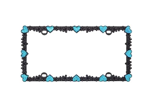 Creathome 3D Shining Daisy Heart License Plate Frame from Pure Zinc Alloy Metal Perfect Plate Holder, Matt Black with Blue Glitter, Luminously Heart - color: Matt Black with Blue Glitter, Luminously Heart