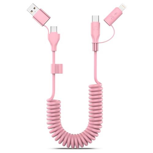 Pink Coiled Car Charging Cable 2-in-1 (USB-C & Lightning), 3FT Cute Car Accessories for iPhone 17/16/15, Samsung Galaxy — Supports Apple CarPlay & Android Auto - color: Pink, size: Type C + Lightning