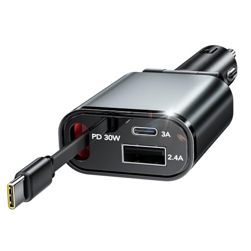 Retractable Car Charger, 3 in 1 Fast Car Phone Charger 50W, 1 TypeC Retractable Cables and USB Port,USB C Car Charger Compatible with iPhone 17/17 Pro Max/16/15/14/13/12/11,for Galaxy S25,Pixel 10 - size: Cord for Type C