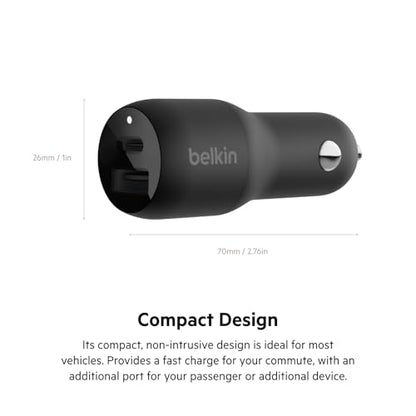 Belkin 37-Watt Dual USB Car Charger - Power Delivery 25W USB-C Port & 12W USB-A Port for PPS Charging Apple iPhone, Samsung Galaxy, AirPods, & More - style: Dual USB-A & C 37W