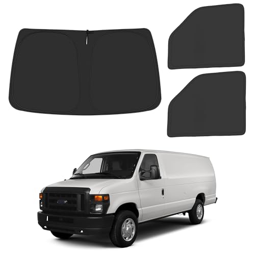 Front Windshield ＆ Side Window Sun Shade for 1992-2025 Fo-rd E-Series E-150 E-250 E-350 E-450 Van Motorhome, Foldable Window Sunshade Sun Visor Protector Blocks UV Rays Heat, Pack of 3 - size: Silver & Black-Fit Ford E-150 E-250 E-350 E-450