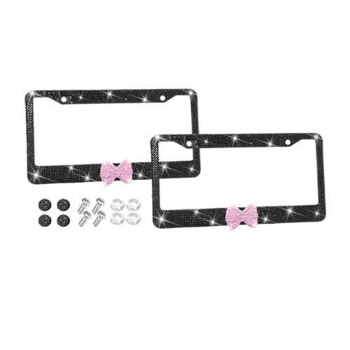 Bling Car License Plate Frame for Women, 2PCS Crystal Rhinestone Stainless Steel Vehicle Plate Holder, Glitter Diamond Sparkly Auto Plate Cover Accessories, Universal Fit (Black/Pink Bow) - color: Black/Pink Bow