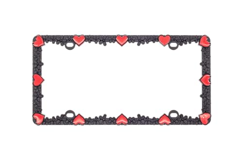 Creathome 3D Daisy Heart License Plate Frame from Pure Zinc Alloy Metal Perfect Plate Holder, Matt Black Daisy with Red Reflective Heart - color: Matt Black with Red Reflective Heart