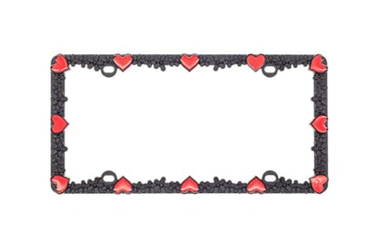 Creathome 3D Daisy Heart License Plate Frame from Pure Zinc Alloy Metal Perfect Plate Holder, Matt Black Daisy with Red Reflective Heart - color: Matt Black with Red Reflective Heart