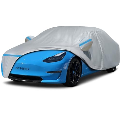 Car Cover for 2017-2026 Tesla Model 3, Waterproof Custom-fit All Weather Sun Rain UV Dust Snow Protection Windproof Outdoor Model 3 Full Car Cover with Door Zipper and Cotton Lining-Grey - size: Model 3 Cover