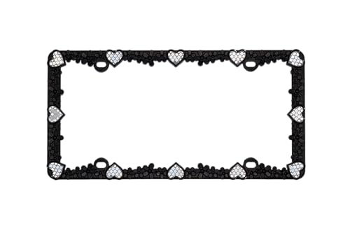 Creathome 3D Daisy Heart License Plate Frame from Pure Zinc Alloy Metal Perfect Plate Holder, Matt Black Daisy with Silver Reflective Heart - color: Matt Black with Silver Reflective Heart