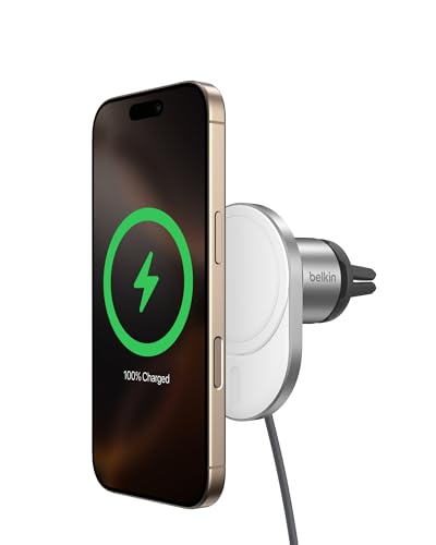 Belkin MagSafe-Compatible Wireless Car Charger 15W, Fast Charging Wireless Charger - Powerful Magnetic Vent Holder for iPhone 17, 16, 15, 14, 13 Series, Pixel 10, Secure Car Phone Mount - White - style: Charging Mount - New Model